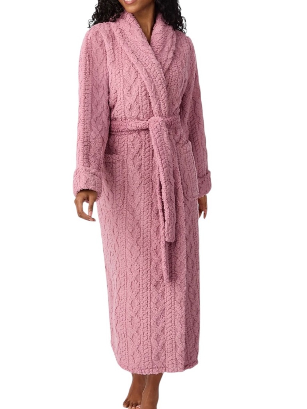 ROOM SERVICE Cozy Wrap Fuzzy Robe SOFT CABLE KNIT TEXTURE POCKETS Pink
